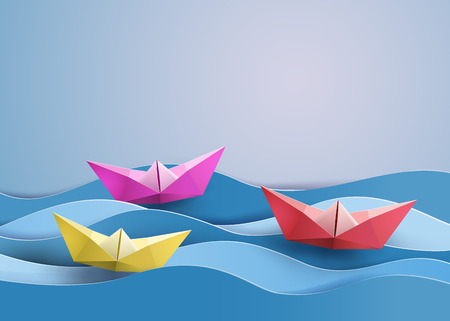 origami made colorful paper sailing boatのイラスト素材