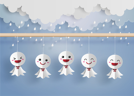 Origami made Japanese paper doll against rain,teruterubozuのイラスト素材