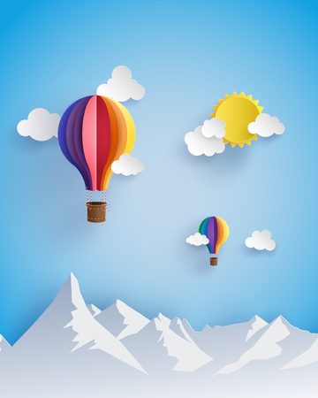 Origami made colorful hot air balloon flyin over moutain with cloud.paper art style.のイラスト素材