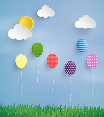 colorful balloon flying high in the air with sun shine.paper art stylle.のイラスト素材