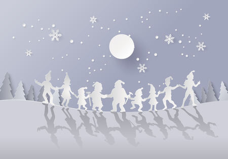 Illustration of  merry christmas and happy new year  with happy family dancing on field with snow.Design and produce by vector of paper art and craft styleのイラスト素材