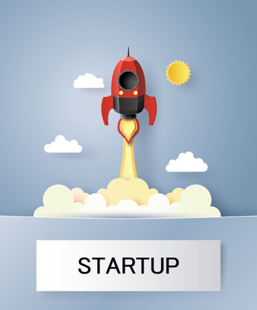 Start up business concept. rocket  flying on the air,paper ert style.のイラスト素材