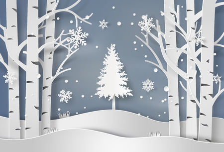 snowflakes and christmas tree.paper art style.のイラスト素材
