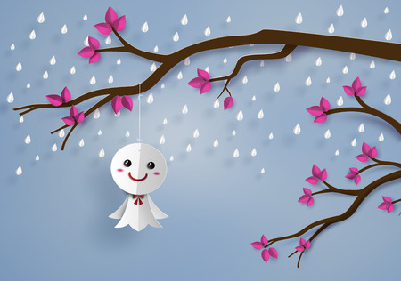 Origami made Japanese paper doll against rain,teruterubozu paper art style.のイラスト素材