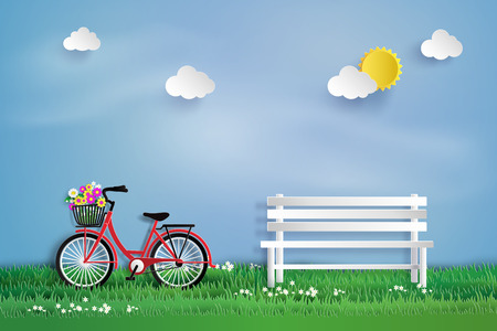 Bicycle in the garden with  white bench.paper art style.のイラスト素材