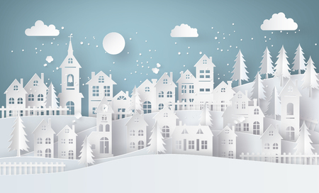 Winter Snow Urban Countryside Landscape City Village with ful lmoon,paper art and craft style.のイラスト素材