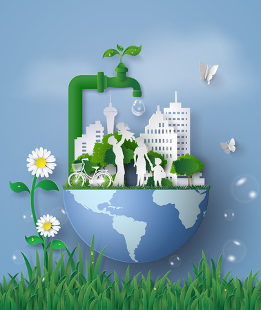 Concept of eco and world water day with family in the garden .paper art and craft styleのイラスト素材