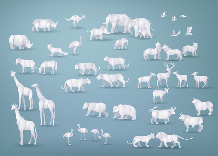 Illustration of wild animals in many types ,paper art and origami style.のイラスト素材