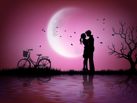 Illustration of love and valentine's Day  with couple silhouette  and half moon.のイラスト素材