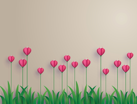 Greeting card of love and Valentine's Day. Heart shape flowers on the grass ,paper art craft style.のイラスト素材