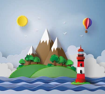 iillustration of lighthouse with island and seascape.のイラスト素材