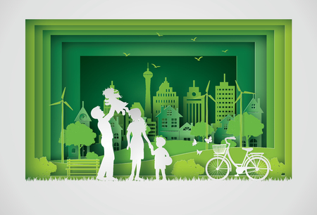 illustration of eco and world environment day with happy family.paper art style.のイラスト素材