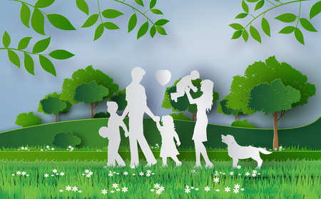 happy family walking on the field greengrass ,paper art and craft style.のイラスト素材