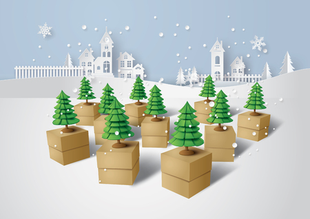 Merry Christmas and Happy new Year, Christmas tree on gift box, Paper art and craft style.のイラスト素材