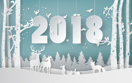 winter season and merry christmas with the animal in the forest, paper art and craft style.のイラスト素材