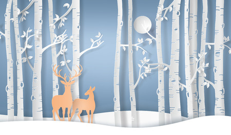  Illustration of winter season deer in forest with fullmoon.vector paper art style.のイラスト素材