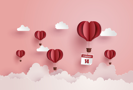 Illustration of love and valentine day,Origami made hot air balloon float on the sky.paper art style.のイラスト素材