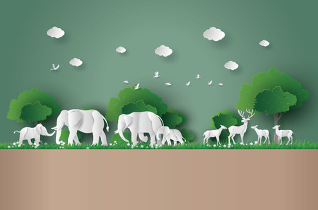 Eco concept and World Wildlife Day with the elephant and deer in forestのイラスト素材