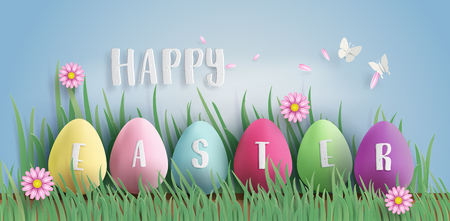Illustration of Easter day with egg and rabbit in grassのイラスト素材