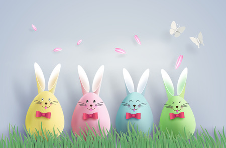 Illustration of Easter day with egg and rabbit in grassのイラスト素材