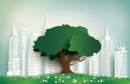 alone tree on the field in city.Paper art and digital craft style.のイラスト素材