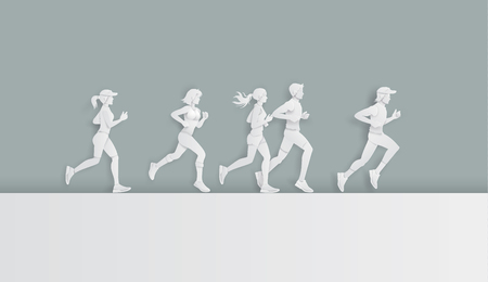 Vector illustration running marathon,Man and Woman running, Paper art and digital craft style.