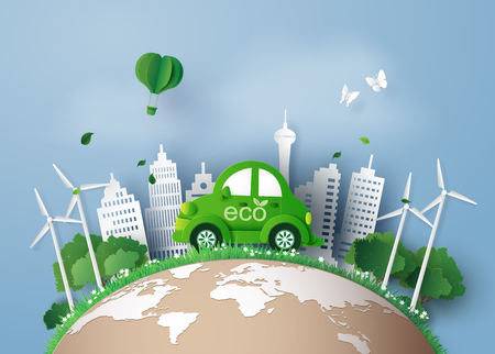 Eco-friendly car in the city.paper art and digital craft style.のイラスト素材