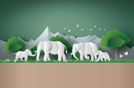 World elephant Day ,family of elephant in the forest , Paper art and digital craft style.のイラスト素材