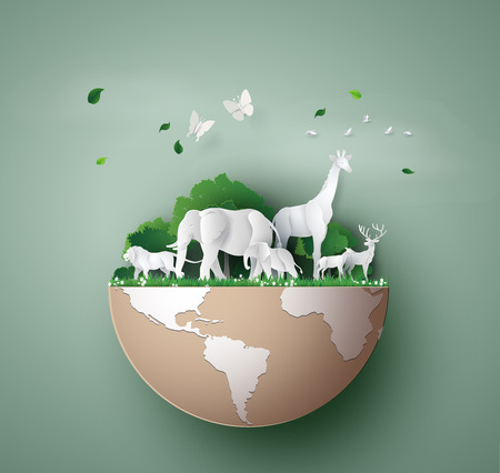 World Wildlife Day with the animal in forest , Paper art and digital craft style.のイラスト素材