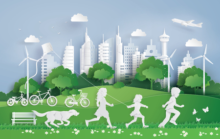 Illustration of eco  and environment with children running in the city park . Paper art and digital craft style.のイラスト素材