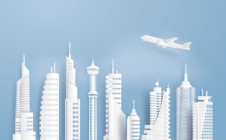 Urban cityscape with large modern buildings, Paper art and digital craft style.のイラスト素材