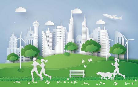 Illustration of eco concept,green city in the leaf. Paper art and digital craft style.のイラスト素材