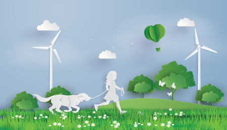Illustration of eco concept and environment with children running field. Paper art and digital craft style.のイラスト素材