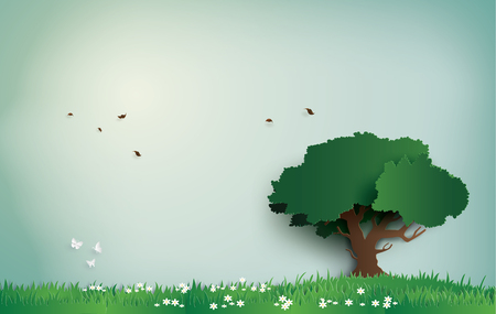 alone tree on the field with clear day. paper art and digital craft style.のイラスト素材
