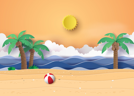 Summer beach and palm trees on the beach. Paper art and digital craft style.のイラスト素材