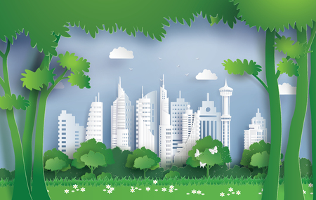 Illustration of ecology  and environment with green city. Paper art and digital craft style.