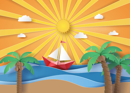 Summer beach and palm trees on the beach with  sailboat. Paper art and digital craft style.のイラスト素材