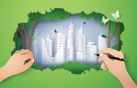 hand drawing  ecology  and environment with green city.paper art and digital craft styleのイラスト素材
