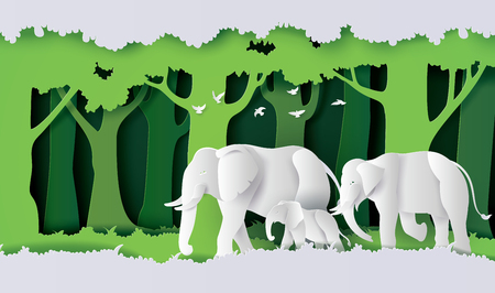 World elephant Day ,family of elephant in the forest , Paper art and digital craft style.のイラスト素材