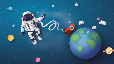 Astronaut Astronaut floating in the stratosphere. Paper art and craft style.のイラスト素材