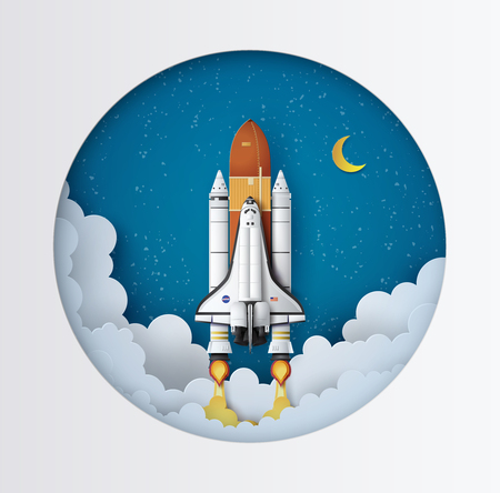 Business concept space shuttle launch to the sky, Paper art and craft style.のイラスト素材
