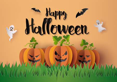 Halloween Party with scary pumpkins.Paper art and craft style.のイラスト素材