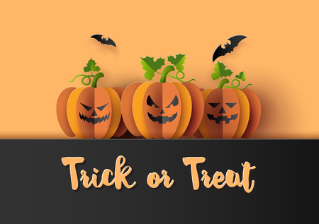 Halloween Party with scary pumpkins.Paper art and craft style.のイラスト素材