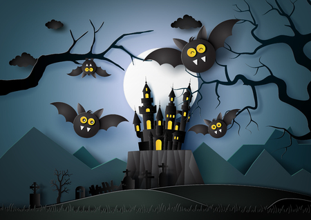 Paper art of Happy Halloween with bats flying in the darknight.のイラスト素材