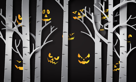 Paper art of happy halloween, Devil eye behind the treeのイラスト素材