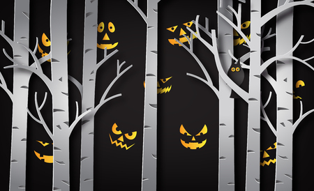 Paper art of happy halloween, Devil eye behind the tree