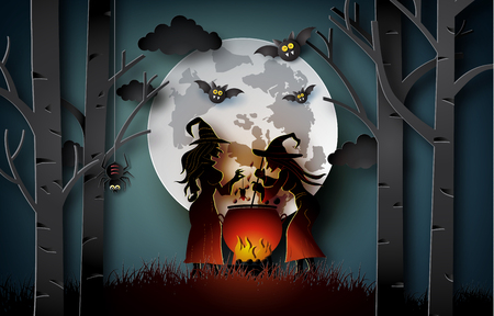 Paper art of happy halloween, witches cook in large boiler in the forest.のイラスト素材