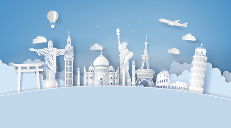 Illustration of world tourism day, Paper art stlye.のイラスト素材