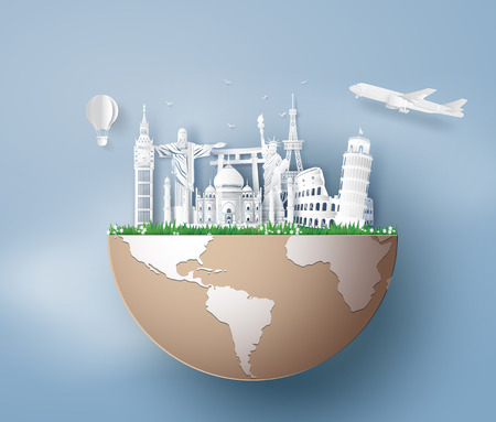 Illustration of world tourism day, Paper art stlye.のイラスト素材
