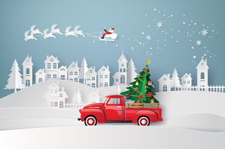 
 Peper art of Merry Christmas and winter season with red truck carry christmas tree.のイラスト素材